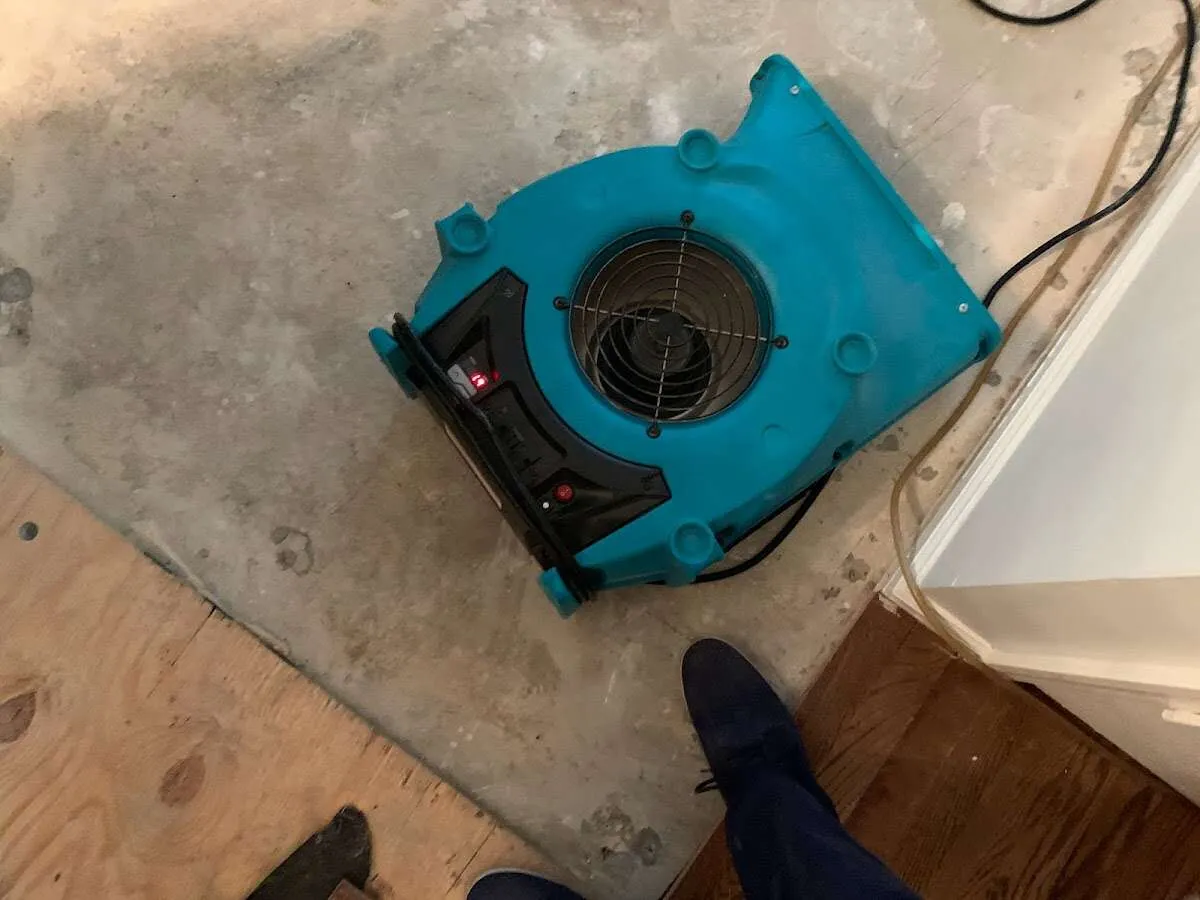 Air mover drying subfloor during Leak Detection & Repair in Huntington